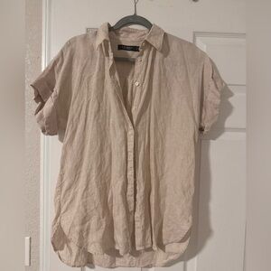 Linen Point Collar Short Dolman Sleeve Shirt, Size L